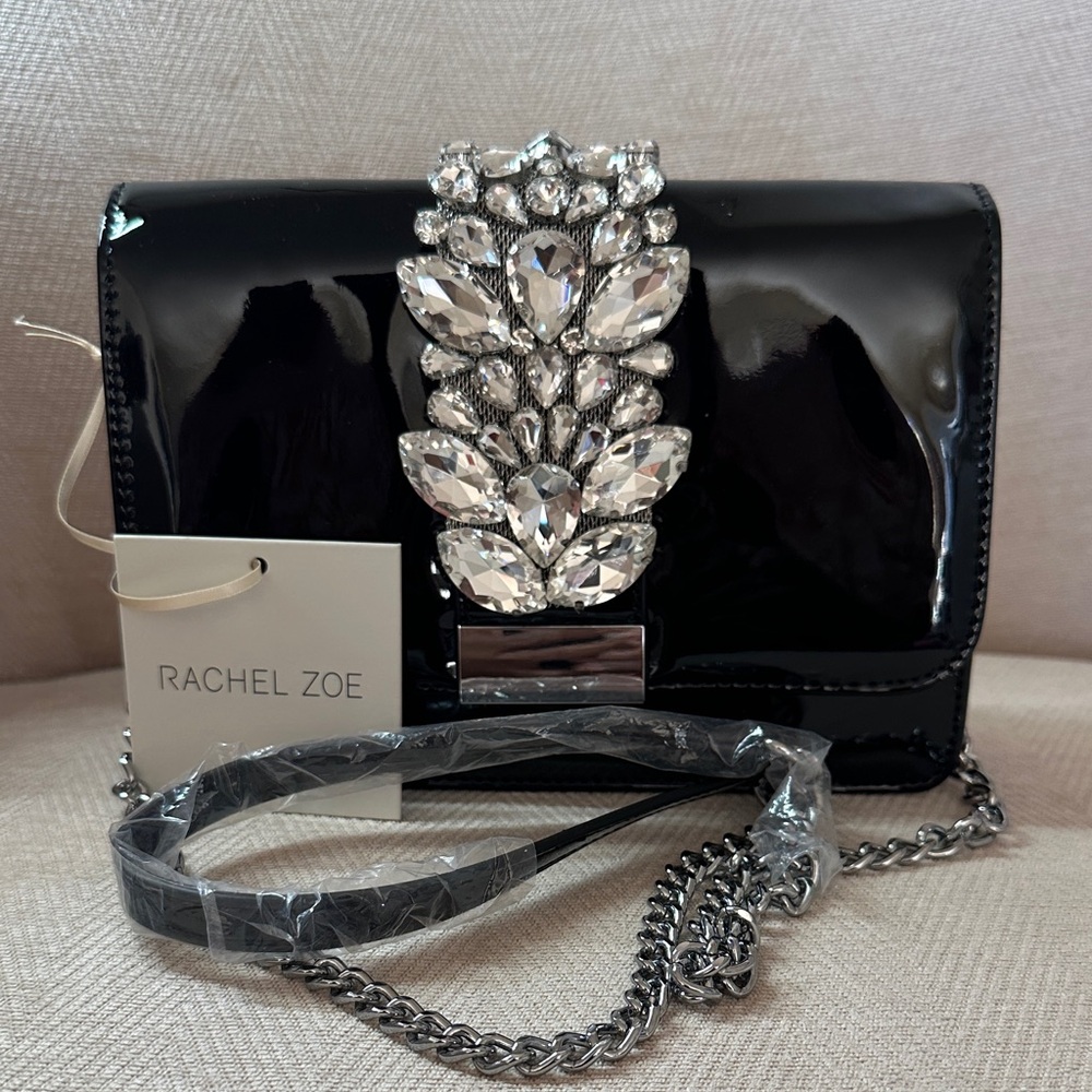 Rachel Zoe Glossy Black Clutch with Crystal Accents